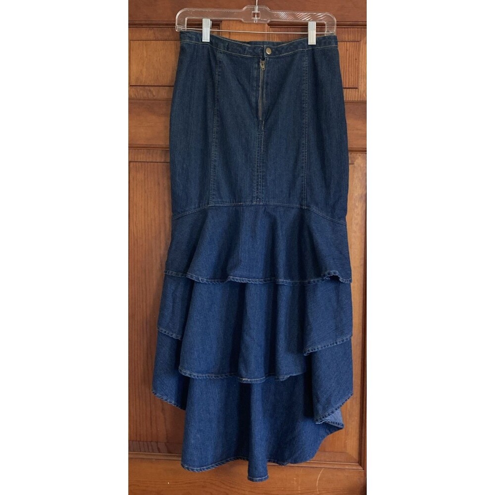K Jordan Womens 6 Denim Hi-Low Mermaid Skirt Layered Ruffle Back MUST SEE - Picture 2 of 8